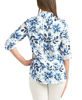 Bcx Juniors' Floral-Print Button-Down Roll-Tab-Sleeve Linen Top