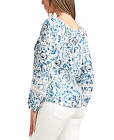 Bcx Juniors' Floral-Print Crinkled Woven Long-Sleeve Top