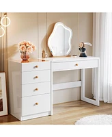 Tribesigns 47" Makeup Vanity Desk with 5 Drawers, Modern Vanity Desk with Glass Top, White Computer Desk Dressing Table for Bedroom (Without Mirror)