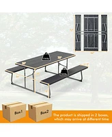 Costway Folding Picnic Table with Wood-like Tabletop, Umbrella Hole, 2 Benches for 8 Person