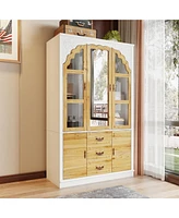 Famapy White and Brown Paint Finish Wood 45.7 in. W Bedroom Armoire in Victorian Style, Mirrored Doors, Hanging Rods, Drawer