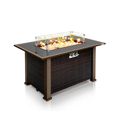 SereneLife 50,000 Btu Propane Gas Fire Pit Table with Glass Wind Guard and Black Tempered Glass Tabletop