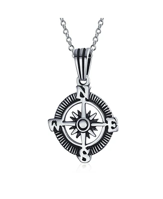 Bling Jewelry Unisex Explorer Travel Viking Disc Medallion Inspirational North Star Rose Compass Pendant Necklace For Men For Women Black Plated Two T