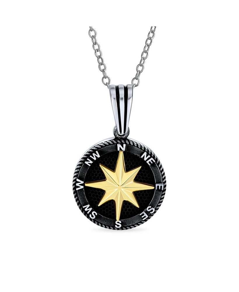 Bling Jewelry Unisex Explorer Travel Viking Disc Medallion Inspirational North Star Rose Compass Pendant Necklace For Men Women Black Plated Two T