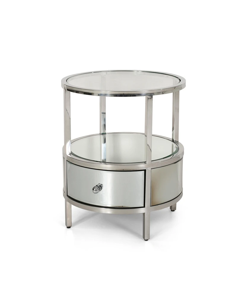 Simplie Fun Mirrored Modern Glam End Table with Glass Top and Reflective Accents