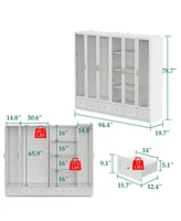 Famapy White Wood Big Armoires Wardrobe with Hanging Rods,Drawers,Glass Doors