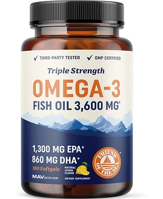 Mav Nutrition Triple Strength Omega 3 Fish Oil Softgels, Essential Fatty Acids for Healthy Heart Support, Premium Burpless Softgel Supplements, Mav Nu