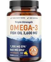 Mav Nutrition Triple Strength Omega 3 Fish Oil Softgels, Essential Fatty Acids for Healthy Heart Support, Premium Burpless Softgel Supplements, Mav Nu