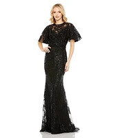 Mac Duggal Women's Embellished Flutter Sleeve High Neck Gown