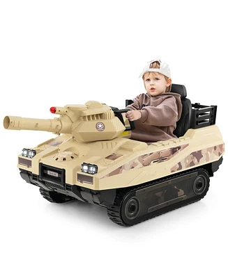 Costway Electric Kids Ride On Tank with Rubber Tracks Rotatable Turret & Working Cannon