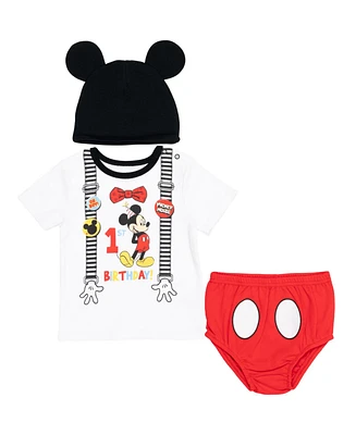 Disney Baby Boys Mickey Mouse 1st Birthday Baby Cosplay Graphic T-Shirt Diaper Cover and Hat 3 Piece Outfit Set