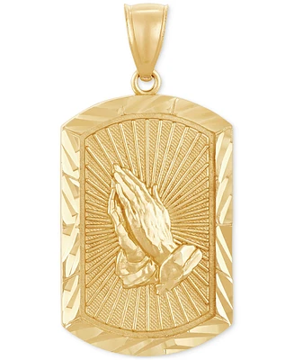 Men's Sunray Praying Hands Framed Dog Tag Pendant in 14k Gold