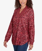 Ruby Rd. Petite V-Neck Leopard Medallion Printed Hatchi Knit Top with Solid Rib Trim