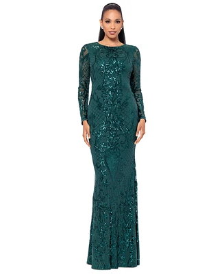 Betsy & Adam Plus Sequined Long-Sleeve Sheath Gown