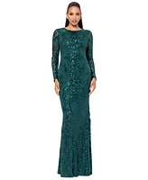 Betsy & Adam Plus Sequined Long-Sleeve Sheath Gown