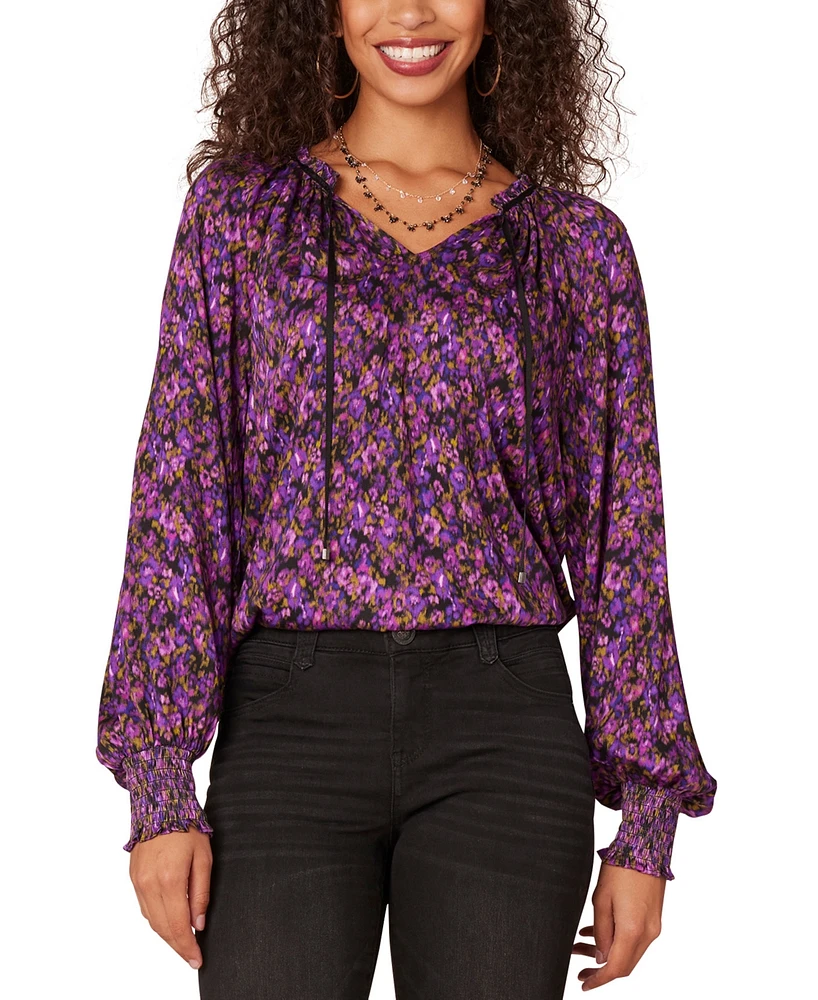 Democracy Petite Printed Split-Neck Blouson-Sleeve Blouse