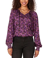 Democracy Petite Printed Split-Neck Blouson-Sleeve Blouse