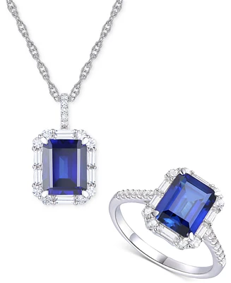 2-Pc. Set Lab Grown Blue Sapphire (5-3/4 ct. t.w.) & Lab Grown White Sapphire (1-1/5 ct. t.w.) Halo Pendant Necklace & Matching Ring in Sterling Silve