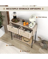 Costway Rattan Console Table with 2 Rattan Drawers & Open Storage Shelf Metal Legs
