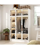 Famapy White Glass Doors Armoires Metal Frame Wardwore with Led Lights