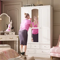 Famapy White Wood Wardrobe Armoires with Mirror,5-Drawers,Adjustable Shelves