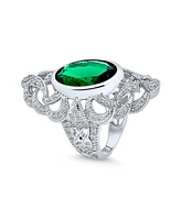 Bling Jewelry Filigree Green Oval Cubic Zirconia Long Full Finger Statement Ring Cz Silver Plated Brass