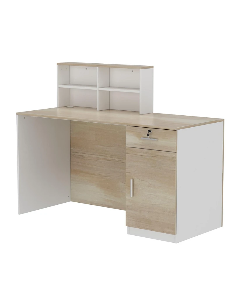 Homsee Rectangular White Wooden Desk with Drawer, 4 Shelves and A Container