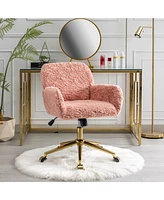 Slickblue Artificial Rabbit Hair Home Office Chair: Adjustable Swivel Desk Chair with Golden Metal Base - Pink Vanity Chair