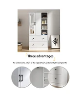 Famapy White Wood Armoires Wardrobe With Mirror, Pulling Hanging Rod, Drawers