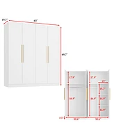 Famapy Grey Wood 4-Door Wardrobe Armoires with Hanging Rod and Storage Shelves