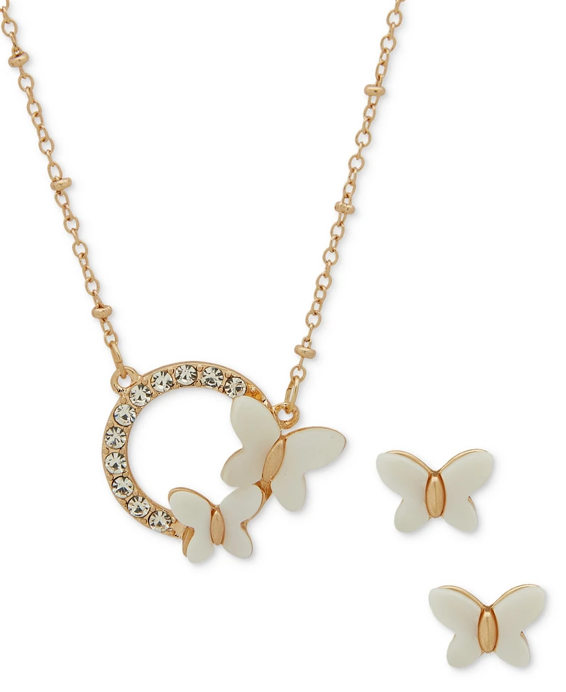 lonna & lilly Gold-Tone Pave & Mother-of-Pearl Butterfly Pendant Necklace & Stud Earrings Set