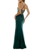 City Studios Juniors' Ruched Lace-Up-Back Slit-Front Gown