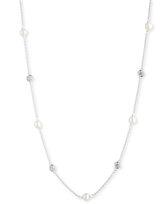 Lauren Ralph Lauren Sterling Silver Cubic Zirconia & Freshwater Pearl Station Necklace, 18" + 3" extender