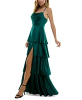 City Studios Juniors' Cowlneck Tiered Slit-Front Gown