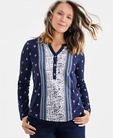 Style & Co Women's Cotton Mixed-Print Henley Top, Created for Macy's