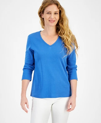 Style & Co Women's Cotton 3/4-Sleeve V-Neck Tee, Created for Macy's