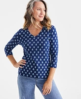 Style & Co Women's Printed V-Neck 3/4-Sleeve Top, Created for Macy's