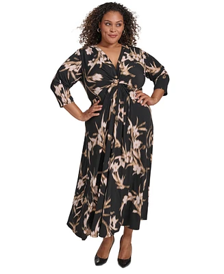 Calvin Klein Plus Printed Twist-Front 3/4-Sleeve Maxi Dress