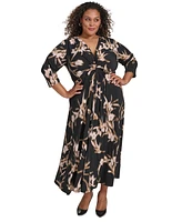 Calvin Klein Plus Printed Twist-Front 3/4-Sleeve Maxi Dress