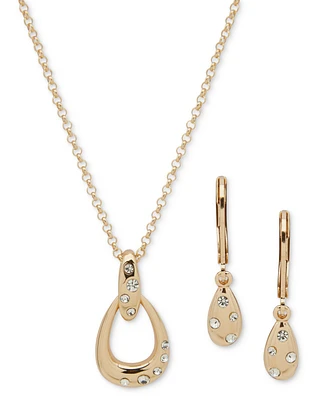 Anne Klein Gold-Tone Pave Pear-Shape Pendant Necklace & Drop Earrings Set