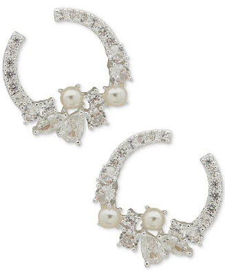 Anne Klein Silver-Tone Cubic Zirconia & Imitation Pearl Cluster Front-to-Back Earrings