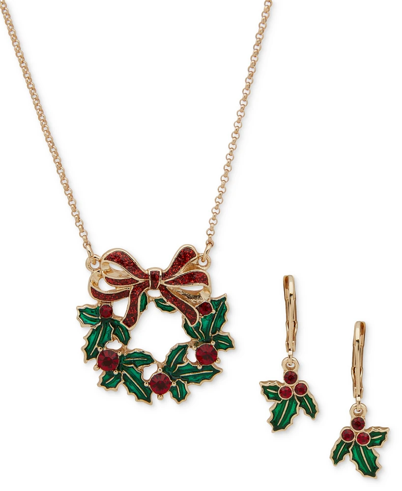 Anne Klein Gold-Tone Crystal Holly Wreath Pendant Necklace & Drop Earrings Set