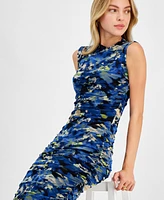 Bar Iii Women's Floral-Print Mesh Ruched Sheath Dress, Exclusively at Macy's