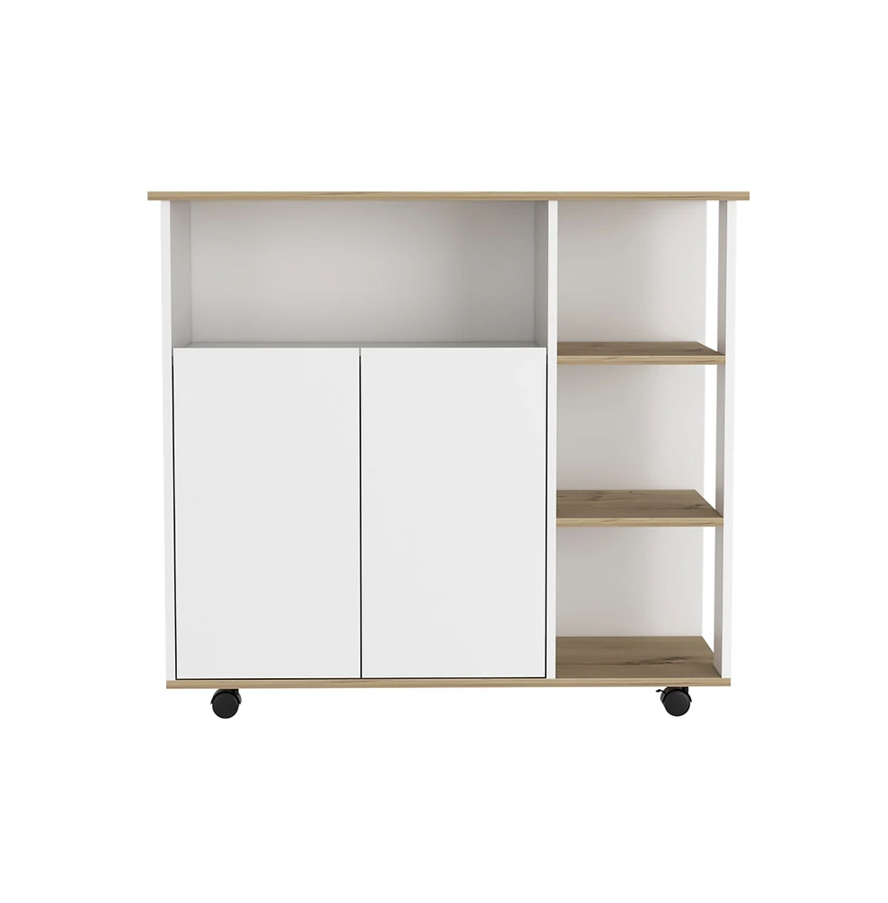 Depot E-Shop St. Thomas Kitchen Cart, Four Open Shelves, Double Door Cabinet, Four Casters, Light Oak / White - Multi