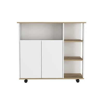 Depot E-shop St. Thomas Kitchen Cart, Four Open Shelves, Double Door Cabinet, Four Casters, Light Oak / White