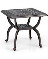 Gymax 21'' Cast Aluminum Outdoor Side Table Patio Square Coffee Table w/ Storage Shelf