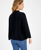 Style & Co Petite Ruffle-Neck Button-Front Long-Sleeve Top, Created for Macy's