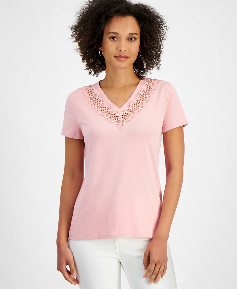 Nautica Jeans Women's Crochet-Trim Solid-Color V-Neck Shirt