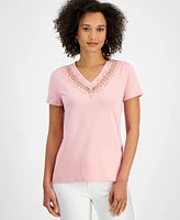 Nautica Jeans Women's Crochet-Trim Solid-Color V-Neck Shirt