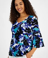 Kasper Women's V-Neck Floral Bell-Sleeve Top, Regular & Petite Sizes